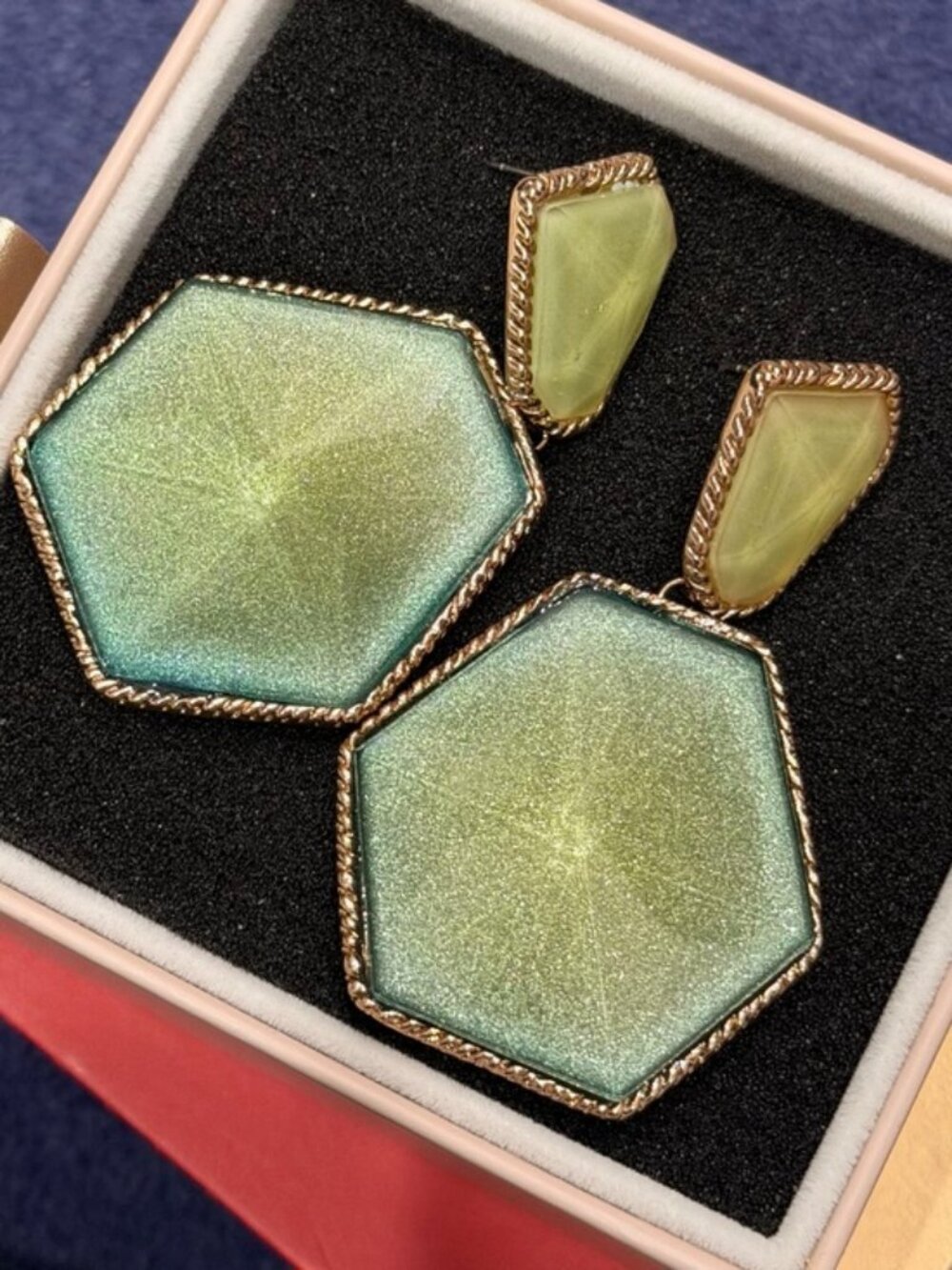 Green Hexagon Glitter Stone Drop Earrings